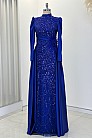 Taş İşlemeli Saten Flowers Abiye - Saks - MN-4780