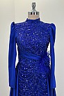 Taş İşlemeli Saten Flowers Abiye - Saks - MN-4780