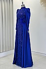 Taş İşlemeli Saten Flowers Abiye - Saks - MN-4780