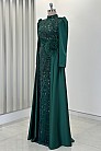 Taş İşlemeli Saten Flowers Abiye - Zümrüt - MN-4781