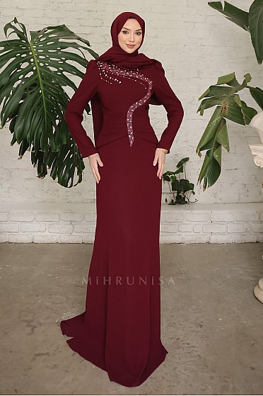 Taş İşlemeli Zarif Rozary Tesettür Abiye - Bordo
