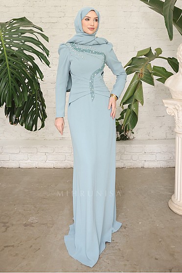 Taş İşlemeli Zarif Rozary Tesettür Abiye - Mint
