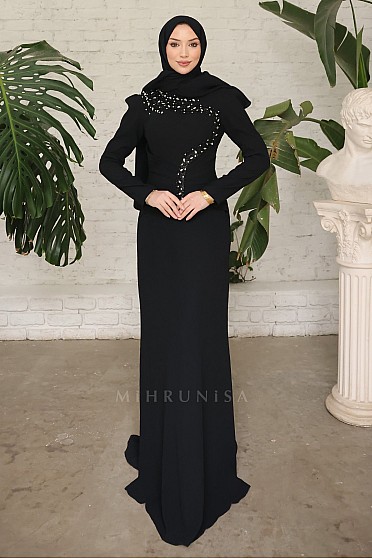 Taş İşlemeli Zarif Rozary Tesettür Abiye - Siyah