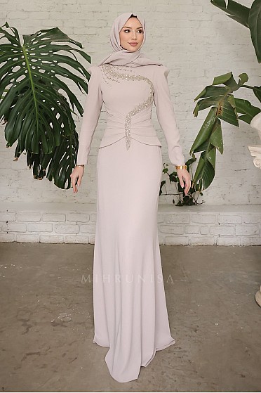 Taş İşlemeli Zarif Rozary Tesettür Abiye - Taş