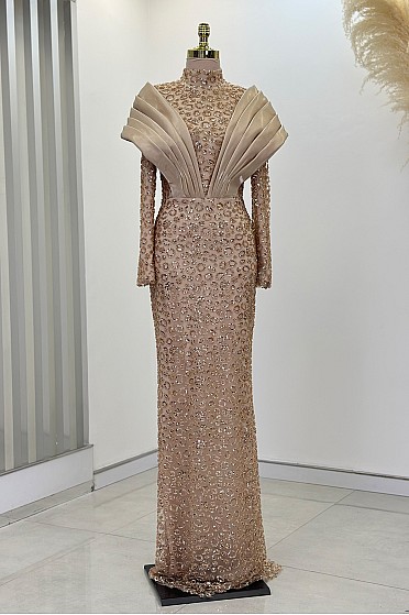 Tasarım Pile Drape Detay Lima Abiye - Gold