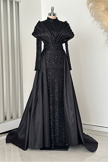 Tasarım Pile Drape Detay Lima Abiye - Siyah