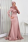 Taşlı Pul Nakışlı Kuyruklu Saten Rosa Abiye - Bronz - MN-4536