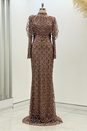 Tül İşlemeli Tasarım Elenor Abiye - Bronz