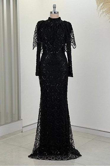 Tül İşlemeli Tasarım Elenor Abiye - Siyah