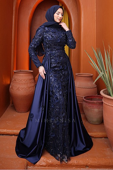 Üç Boyutlu Çiçek İşleme Felora Abiye - Lacivert