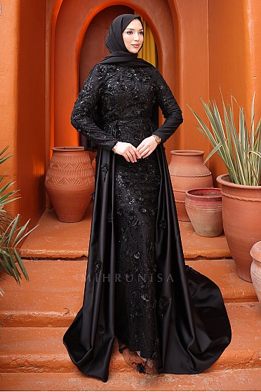 Üç Boyutlu Çiçek İşleme Felora Abiye - Siyah