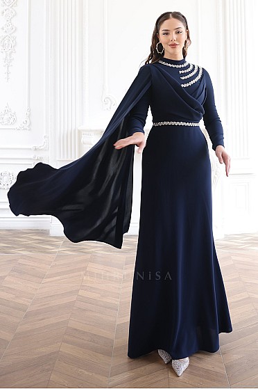 Zarif Pelerinli Taş İşlemeli Lina Abiye  - Lacivert